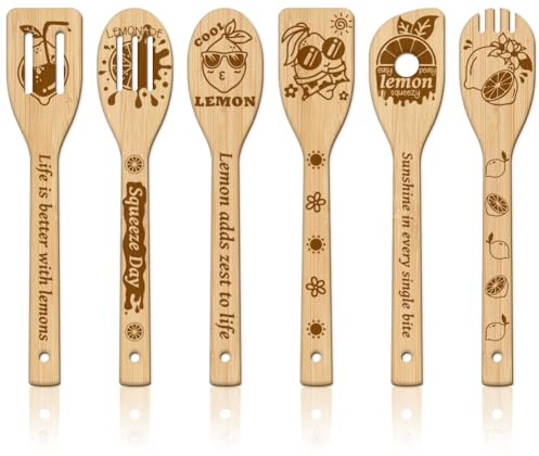 GLOBLELAND 6 Stück Sommer Zitrone Bambus Kochutensilien Obst Holzgravur Kochlöffel Set Gravur Schnitzerei Küche Bambus Spatel Set Für Küche Housewarming Geschenk Mutter Freundin Frauen
