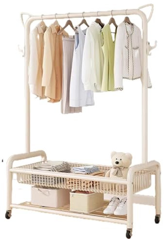 Kleiderständer Mit 2 Kleiderstangen, 2 Ablagen Garderobenständer Auf Rollen Metall Garderobe for Schlafzimmer/Flur/Eingangsbereich, Bis 90 Kg Belastbar(White,150 * 35.5 * 162cm)