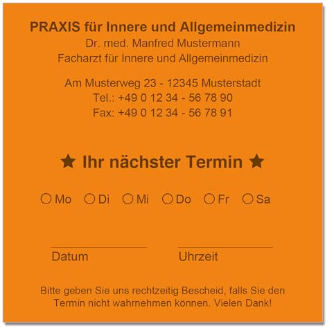 Terminzettel Terminkarten nächster Termin mit Ihrer Adresse personalisiert in praktischer Zettelbox mit Stiftehalter 10 x 10 cm (orange)