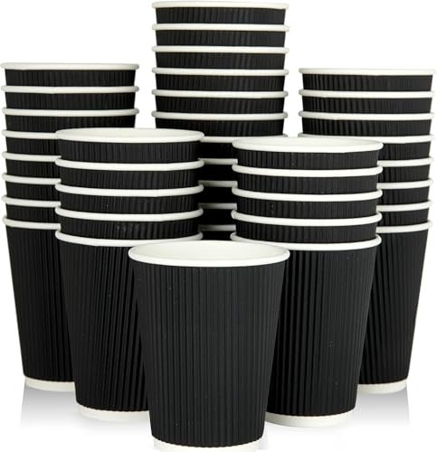 ECONX 500 X 12oz Disposable Coffee Cups Insulated Triple Wall Ripple Kraft Black Paper Coffee Cups for Takeaway Coffee, Tea or Hot and Cold Drinks for Cafes Offices Events or Parties