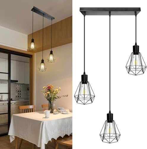 HiBay Pendelleuchte Schwarz E27 Hängelampe Wohnzimmer 3 Flammig Esstischlampe Hängend Vintage Eisenkäfig Lampenschirm Hängeleuchte für Wohnzimmer Schlafzimmer Max. 60W Ohne Leuchtmittel | Esstischlampe Höhenverstellbar Hängeleuchte Vintage 230V Max. 60 Watt für Schlafzimmer Esszimmer Ohne Leuchtmittel
