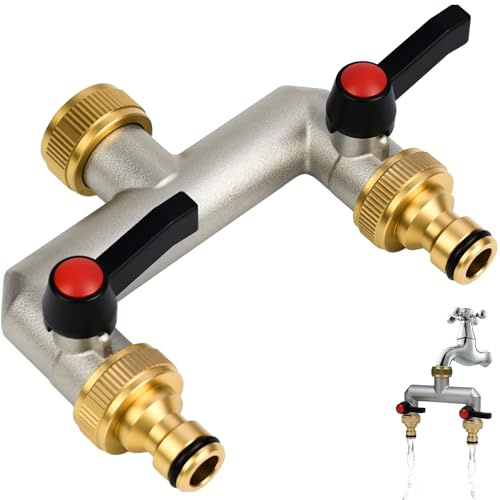 TAIANJI 2-Wege Wasserhahn Wasserverteiler, 3/4 Zoll Messing Wasseranschluss Verteiler mit Kugelhahn, Bedienungshebel, 2er Verteiler 3/4 Adapter 1/2 für Gartenschläuche, Waschmaschine