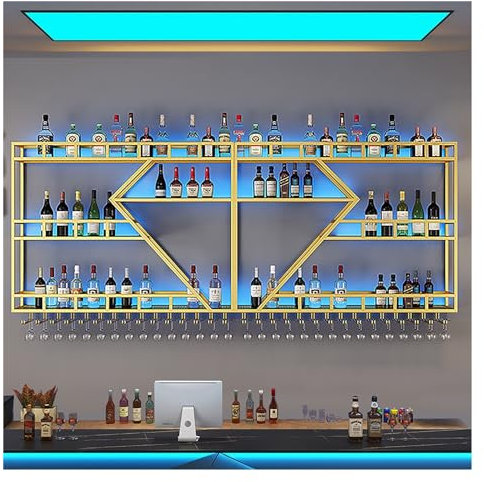 Étagères murales dorées avec lumière LED - Porte-bouteilles de vin flottant industriel - Support en verre et présentoir de bouteilles d'alcool - Pour la maison, la cuisine, le stockage du vin en métal