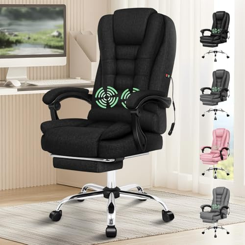 ELFORDSON Executive Office Chair, High Back Desk Chair with 2 Point Massage Lumbar Support, 150° Adjustable Back Recliner, High-Density Padding, PC Gaming Chair for Home Office Work, Linen Black