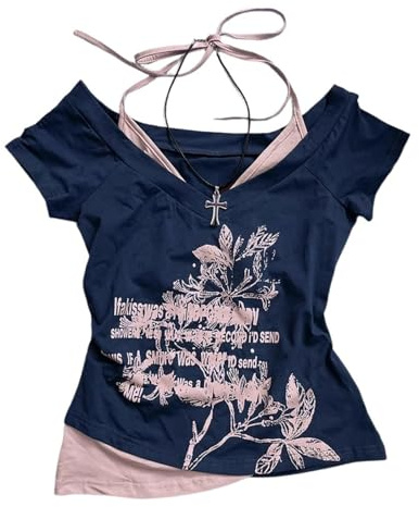Kvinnor Y2k Emo Grunge grafisk baby t-tröjor falsk tvådelad kortärmad vintage magtröja 2000-tals goth altkläder streetwear
