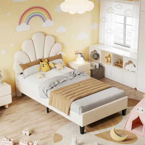 BRILVERDE Enkelsäng 90 x 200 cm, barnsäng, ungdomssäng, med justerbar sänggavel, sängram med ribbotten, prinsesssäng, flicksäng, sammet (beige)
