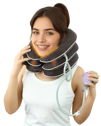 DIIKEN Cervical Neck Traction Device for Home Use Pain Relief,Neck Stretcher,Inflatable Support Neck Brace Adjustable,Neck Stress Relief&Relaxation Metal Valve TPU Liner with Air-Tightness(Dark Gray)