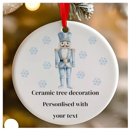 Personalised Blue Christmas Nutcracker Round Ceramic Hanging Tree Decoration, Babies 1st Christmas, First Xmas as Mr and Mrs - 7cm