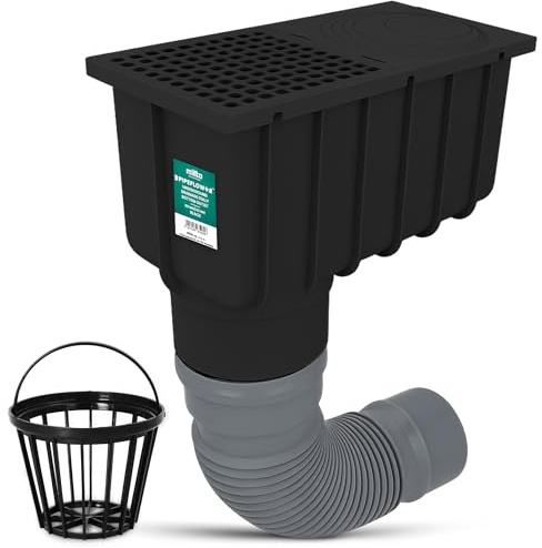 Millto Desagüe de Tubería de Lluvia Canalón Sumidero 110/125 mm Drenaje de Canalones Patio Rejilla Pluvial Caja Colectora Rejilla Extraíble Y Tubo Flexible 340‑400 mm Negro