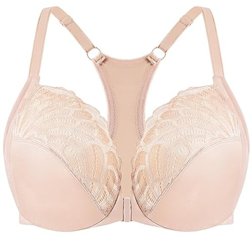 MELENECA Sujetador con Aros de Cobertura Completa para Mujer, con Cierre Frontal, Encaje, sin Forro, Talla Grande Beige pálido 105B