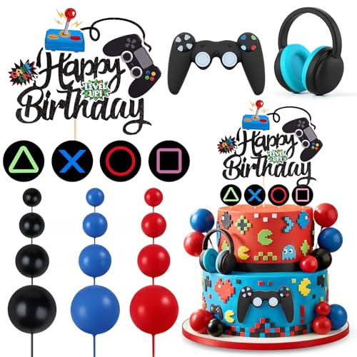 31PCS Video Game Themes Cake Toppers Set,Headset Cake Decoration Set with Headset,Controller,Happy Birthday Cupcakes topper,Ball Decorations,Gaming-Themed Cakes Topper Set for Birthday Decorations