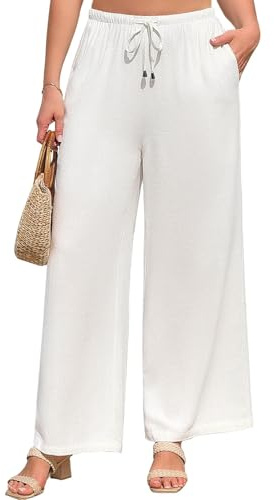 Jyanl White Plus Size Linen Pants for Women Palazzo Flowy Wide Leg Drawstring Pants Boho Casual Trousers Summer Beach Vacation Outfits