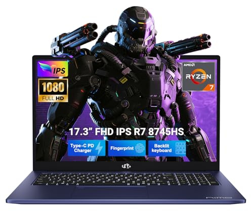 NIMO 17.3 IPS-Gaming-Laptop, AMD Ryzen 7 8745HS Up to 4.9GHz Beat R9 7940HS 16GB RAM 512GB SSD Radeon 780M-Graphics, WiFi 6E USB4 Backlit Keyboard Fingerprint, Win 11 PC for Work & Play 2-Yr Warranty