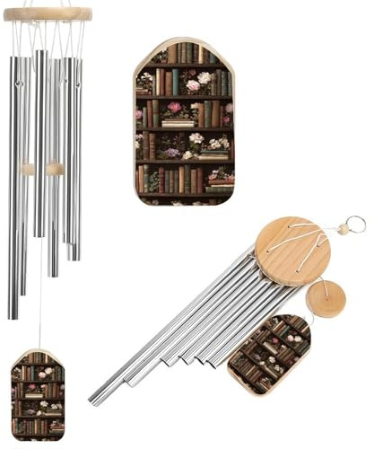 Bücherregale mit Blumenmuster, Vintage-Stil, Windspiel, Gedenkspiel, tiefer Ton, Windspiel mit 6 Aluminiumrohren, Outdoor-Hinterhof, Gartendekoration