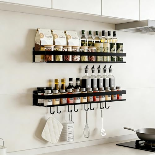 Topnewhome 2er Set Wandregal 40cm mit 6 Haken,ohne Bohren,Schwarz | Modernes Hängeregal zur Aufbewahrung in Küche, Bad und Balkon. Einfache Befestigung ohne Bohren für Gewürze und Zubehör