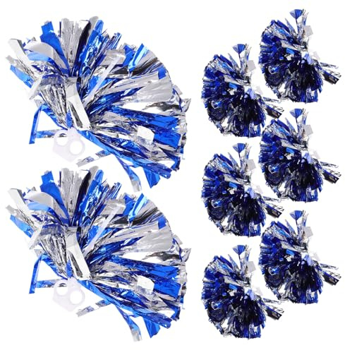 SOPOTUTU Pompones Metálicos para Animadoras Asa de Anillo, 8 Piezas Pequeñas Brillantes en Azul y Plata, Accesorios Ligeros para Porristas Adultos, Ideales para Animación Deportiva