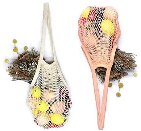 Tidawave Net Shopping Bag Cotton Market String Reusable Net Shopping Tote with Long Handles Washable Mesh Fruit Vegetable Pack of 2 (Natural + Macaron) by Tidawave