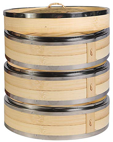 Hcooker 3-Tier Kitchen Bamboo Steamer with Stainless Steel Rings for Asian Cooking | Sauce Dish & 2-Chopsticks & 3 Liners | Buns Dumplings Vegetables Fish Rice