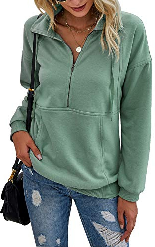 PRETTYGARDEN Women's Casual Long Sleeve Lapel Zipper Sweatshirt Drawstring Loose Pullover Tops (Green, X-Large)