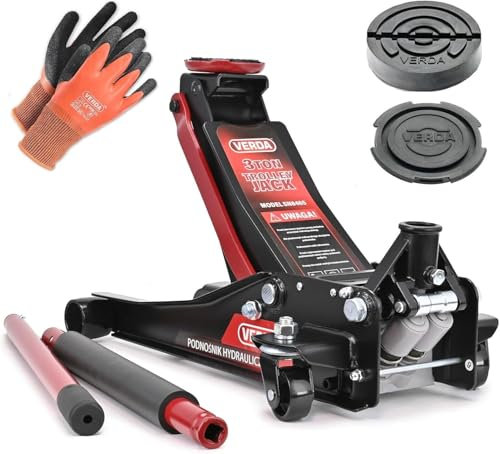 Hydraulischer Wagenheber 3T 80-465mm + 2X Gummi + Montagehandschuhe Rangierwagenheber Tief Doppelkolben Heber Extra Flacher Rangierwagenheber Doppelpumpsystem Auto Heber Profi