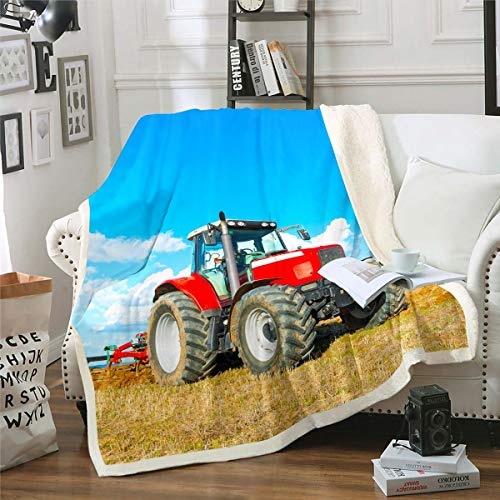 Loussiesd Jungen Traktor gedruckt Kuscheldecke Bauwagen Muster Wohndecke für Bett Rot Schwere Maschinen Fahrzeuge Flanell Fleecedecke 150x200cm Farm Theme