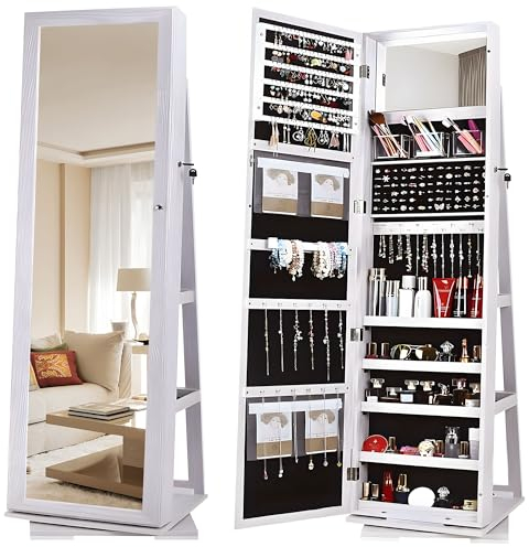 sogesfurniture BHUS-QH-7021C Abschließbarer bodenstehender Holz-Schmuckschrank mit Ganzkörperspiegel, um 360 ° drehbar, Schmuck-Organizer, abschließbar, mit Aufbewahrungsregal, Weiß