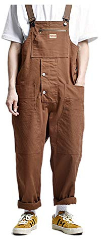 Cicilin Men's Bib Overall Wide Leg Dungarees Cotton Trousers Overalls (Brown L)