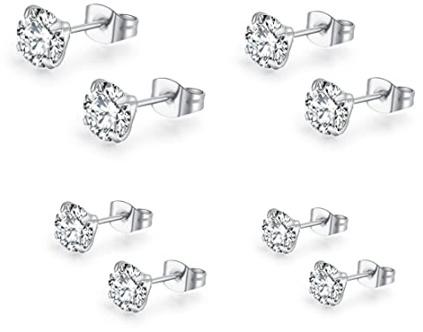 LuLiyLdJ Boucles d'oreilles blanches pour femmes, 4 paires de clous en zirconium, petits clous de cartilage de sommeil unisexe hypoallergéniques, zircone 5A, taille, 3, 4, 5, 6 mm, argent