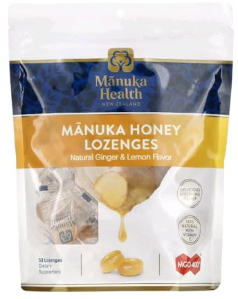 Manuka Health Manuka Honey Cough Drops – 58 Natural Lemon & Ginger Flavored Throat Lozenges Infused with Raw Manuka Honey and Vitamin C for Immune Support
