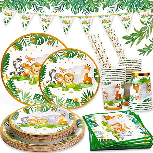 MULEVIP 135 Piezas Vajilla de Fiesta, Jungle Animals Party Vajilla, Decoraciones Cumpleaños Platos Servilletas Cubiertos Bandera,para Baby Shower, Cumpleaños de Niños, Aniversario(25 Invitados)