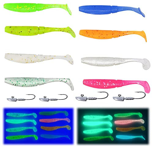 Njord Kalastus Selbstleuchtende Gummifische mit Jigkopf Set 7,5cm 3g UV Aktiv Gummifisch Angel Köder | Raubfisch Kunstköder Gummi Set mit Jigkopf | Zander Köder Barsch Köder Hecht Köder Forelle