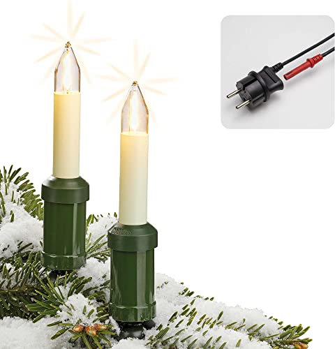 hellum Lichterkette außen Made in Germany, 29m beleuchtet, Lichterkette Weihnachtsbaum 30 weißen Schaftkerzen, Clip, LED Filament warmweiß Kabel schwarz teilbarer Stecker, 2 Ersatzkerzen <59lm 430042