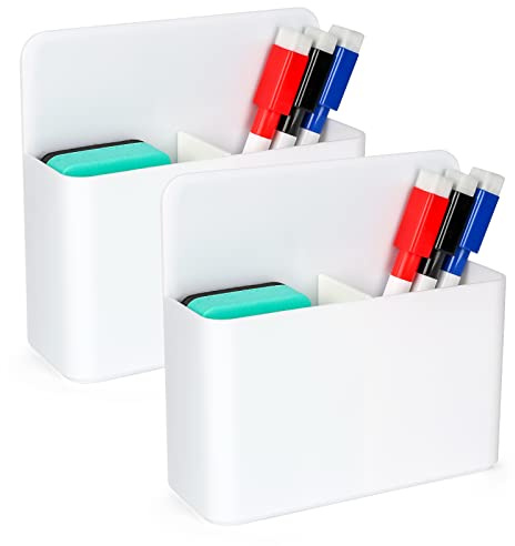 Sinofort 2Pcs Magnetic Whiteboard Pen Holder with Pen and Eraser, White | Magnetic design sticks firmly on whiteboards & refrigerators, storage rack holds dry erase pens for home, school and office