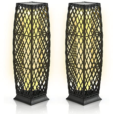 Tangkula 2 Pieces Outdoor Solar Powered Floor Lamps, IP65 Waterproof Wicker Floor Lamps with Auto On/Off LED Light, Outdoor Decor Lanterns for Garden Porch Pool Pathway Driveway (Diamond-Black)