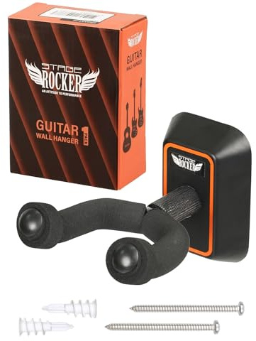 Stage Rocker Guitar Wall Hanger - Wall Mount Holder for Acoustic, Electric Guitar, Bass, Banjo, Mandolin with Black Mounting Plate (Orange Frame)