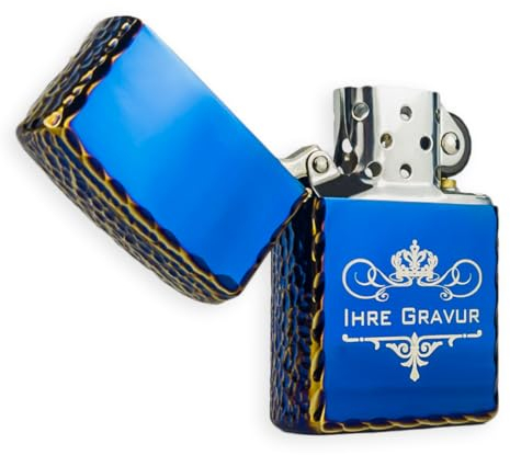 Premium Benzinfeuerzeug mit Gravur in Königsblau personalisiertes Feuerzeug mit Zierkanten.