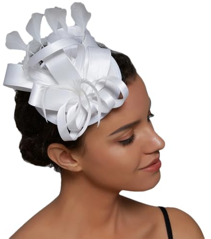 Niiyyjj Damen Fascinator Hut Satin Feder Haarspange Derby Cocktail Tee Party Haarschmuck Kopfbedeckung, weiß, Einheitsgröße