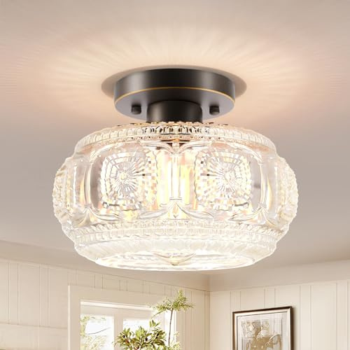 OYKYOHEI Lámpara de techo semiempotrada, lámpara de techo de cristal de globo, bronce aceitado con borde dorado, iluminación moderna para pasillo, dormitorio, entrada, cocina, porche, bombilla no