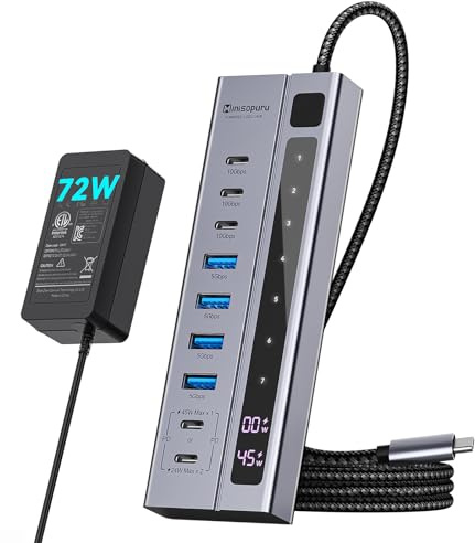 Minisopuru Powered USB C Hub – Support Max 45W Charging with 72W Power Adapter, 10Gbps Data Transfer, USB-C Powered Hub for Laptop, MacBook,iPad (Not for Monitor)