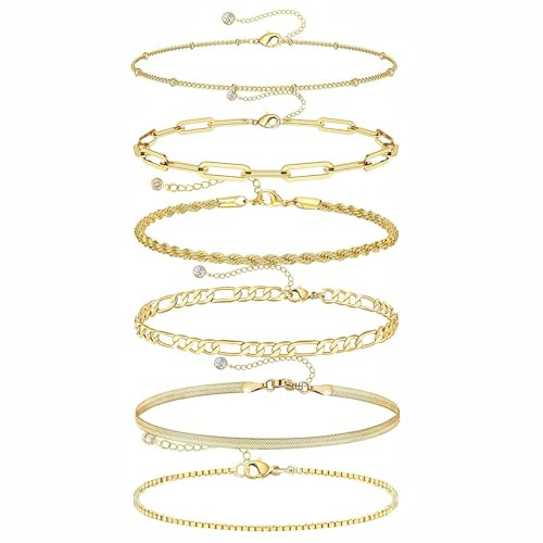 SIXDUTON Armband 14K Vergoldete für Damen, Stapelbare Kubanische Glieder Büroklammerketten Schmucksets Armband, Accessoires Geschenke für Damen und Mädchen (Gold)