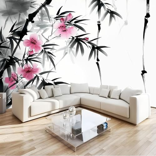 Negro Fotomural Pintura de tinta de bambú Fotomural Pared, 250x175 cm Papel Pintado 3D, Fotomurales Decoración de Comedores Moderna Lana Sala Cuarto Salón