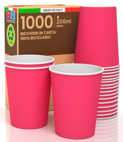 1000 Pappbecher 200 ml Fuchsia Made in Italy umweltfreundlich biologisch abbaubar Einweg für den Sport Heißgetränke buntes Wasser - Hergestellt und verpackt in Italien