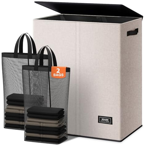 SOLEDI 145L Laundry Basket 2 compartments, Washing Basket with Lid and Removable Bags, Large Storage Baskets Laundry Hamper, Collapsible Clothes Baskets Bin for Bedroom Bathroom Dorm, Beige