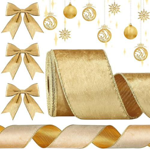 Nastro natalizio, decorazioni natalizie, 9,1 m, morbido nastro in velluto da 63 mm, per artigianato di Natale, confezioni regalo, ghirlande, fiocchi superiori, decorazioni per albero di Natale (oro)