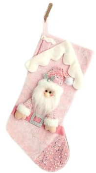 Rosa Weihnachtsstrumpf mit Weihnachtsmann, Schneemann, Rentier, Weihnachtssocken Christmas Stockings Nikolausstrumpf Weihnachtsbaum Kamin Hängende Ornamente Geschenkhalter Weihnachtsdekorationen