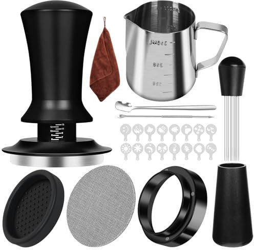 Y-Step Coffee Tamper Set - Espresso Barista Coffee Machine Accessories Set - 51mm Espresso Tamper, WDT Tool, 51mm Dosing Funnel, 51mm Puck Screen, Milk Jug, Latte Art Pen,Tamper Mat, Coffee Stencils