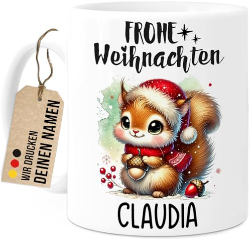 Tassenliebling® Eichhörnchen Tasse personalisiert - Kindertasse mit Namen - Frohe Weihnachten - Weihnachtstasse - Personalisierte Geschenke Kinder - Kinderbecher aus Keramik 330ml
