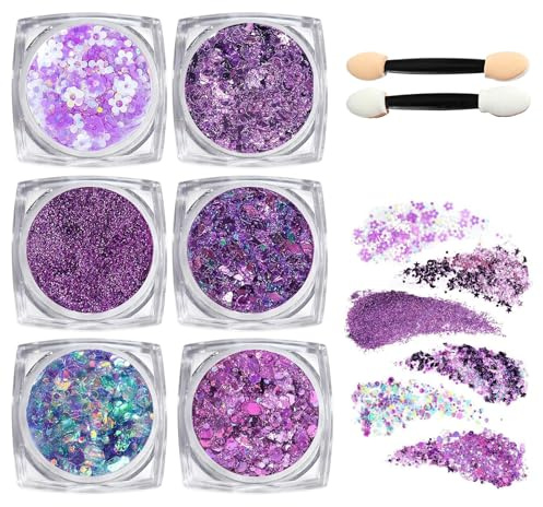 MisFun 6 Pièces Paillettes pour le Visage pour le Corps, Gel Pailleté pour Les Cheveux, Paillette Cheveux Gel Paillettes Pour Le Corps, Paillette Visage Pour Festival Fête Noël Pâquesl Pâques (Violet）