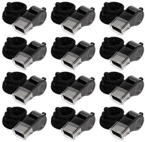 YBEATY 12PCS Whistles Black Plastic Sport with Lanyard Loud Crisp Sound Sport Whistles Lifeguard Ref Coaches Handheld Whistle for Adults Teachers Coaches Referees Officials Emergency Outdoor Soccer