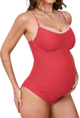 CUPSHE Maillot de bain une pièce de maternité bretelles réglables froncées coquille cousue dos découpé maillot de bain de grossesse, Rouge fraise, S